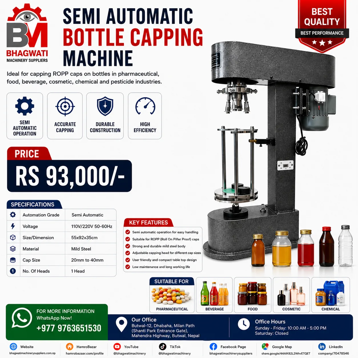 Semi-Automatic Table Top ROPP Bottle Capping Machine - 20 to 40 mm Caps