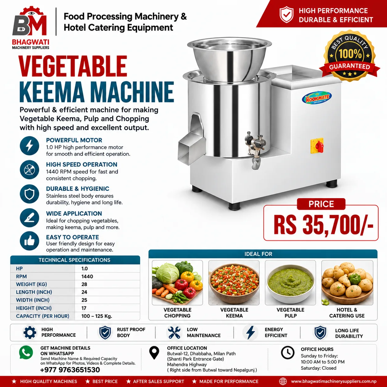 Vegetable Keema Machine - 1 HP, 100-125 kg/hr, Stainless Steel