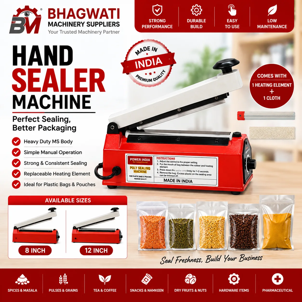 Hand Sealer Machine - Manual Heat Sealer for Plastic Bags (8 Inch / 12 Inch)